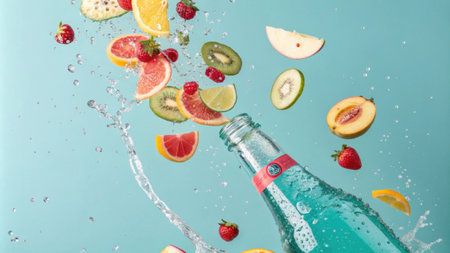 A colorful explosion of fruit slices surrounds a sparkling bottle where the drink inside radiates a calming turquoise hue. Each fruit piece glistens as if freshly washed.の素材