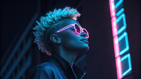 A confident individual with a futuristic hairstyle stands against a dark backdrop the neon blue and pink glasses casting an ethereal glow. The glasses enhance the futuristic vibe.の素材
