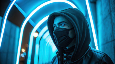 A dramatic portrait depicts a person in a sleek black mask surrounded by a neon blue aura. The vivid illumination highlights their confident expression giving the image a powerful.の素材
