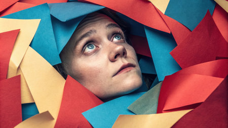 A contemplative face emerges amidst a whirlwind of oversized colorful paper shapes including striking reds and bold blues drawing attention to the eyes and adding a whimsical touch.の素材