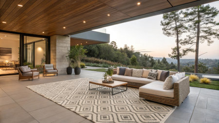 A cozy area rug anchors the seating arrangement adding warmth underfoot while providing a subtle contrast to the smooth flooring emphasizing the seamless interaction between.の素材