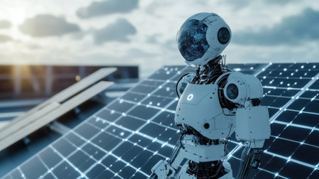 An assembly robot integrating solar panels with displays reflecting realtime energy efficiency stats capturing the harmonious relationship between innovation and sustainabilityの素材