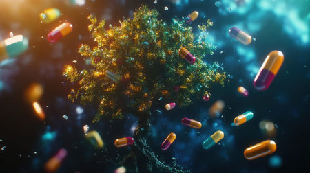 Glowing tree producing medicine capsules symbolizing pharmaceutical industry advancementsの素材
