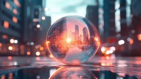 Crystal ball reflecting cityscape at sunset creating surreal urban landscapeの素材