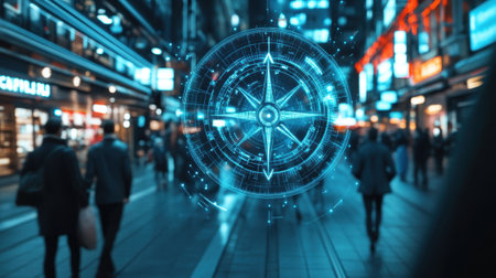 Futuristic glowing compass hologram navigating in smart city business district at nightの素材