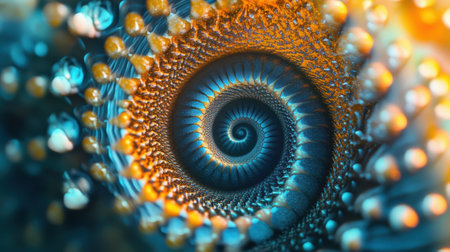 A macro shot of a digital fractal piece highlighting the intricate details and spiraling patterns in vivid bold colors revealing the infinite possibilities within digital creationの素材