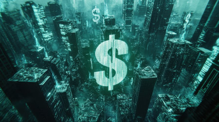 Jagged holograms of dollar signs and euro symbols are entangled within a sprawl of crumbling infrastructure echoing the tension in the atmosphereの素材