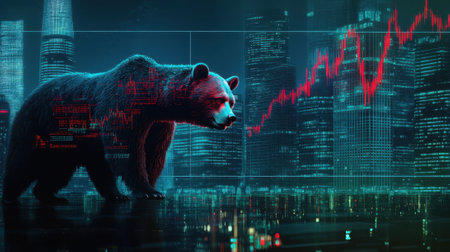 Bear market symbolizing economic downturn in a futuristic cityscapeの素材