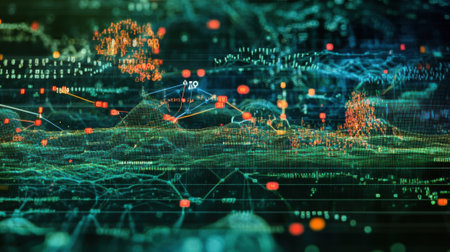 An intricate visualization panel on a computer screen showcasing realtime data analysis with ed data points and red highlights marking outliers amid a sea of blue and green data trendsの素材