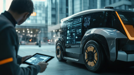 A closeup of a worker using a tablet to interact with an autonomous vehicle with visual data being shared in realtime via a 5G network and the vehicle poised to exee commands for efficienの素材