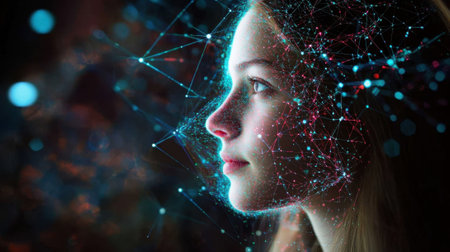Woman face covered by neural network showing artificial intelligence conceptの素材