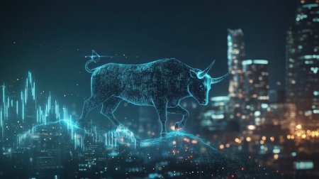 A sleek holographic bull enveloped in luminous digital streams rides a wave of success shown in a sharp ascending stock graph against a twilight skylineの素材