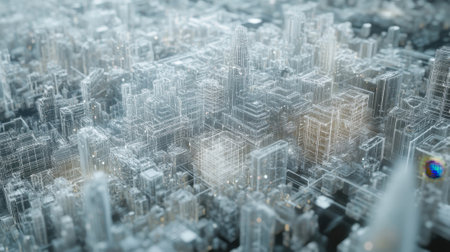 Futuristic wireframe cityscape representing digital innovation and technologyの素材