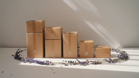 Cardboard boxes of different sizes forming a scale with lavender flowers on white tableの素材