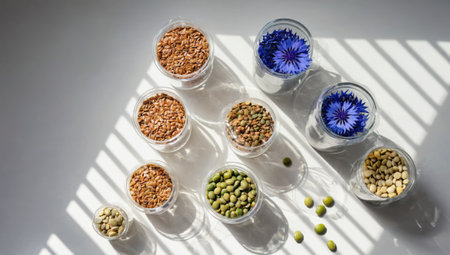 Glass jars containing flax seeds, lentils and cornflowers illuminated by sunlight beamsの素材