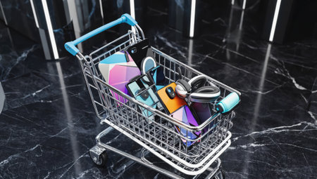 Shopping cart filled with modern smartphones and headphones on marble floorの素材