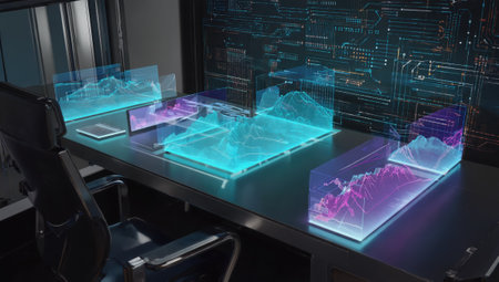 Futuristic office displaying interactive holographic financial charts and data analysisの素材