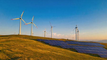 Wind turbines and solar panels generating clean energy on hilltopの素材
