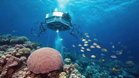 Underwater drone exploring vibrant coral reef and tropical fishの素材