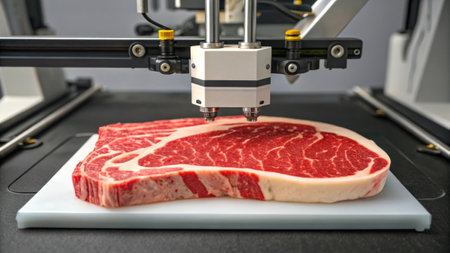 3d printer creating a raw steak in a food laboratoryの素材