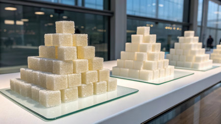 Sugar cubes forming pyramids on glass plates in modern buildingの素材