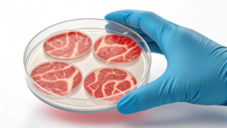 Scientist holding petri dish with lab grown meat samples, cultivating the future of foodの素材