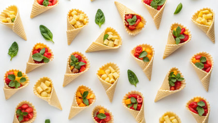 Ice cream cones filled with colorful fruits and vegetables displaying modern food printing techniqueの素材