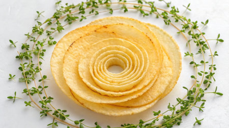 Potato chips arranged in a flower shape with thyme sprigs on white backgroundの素材