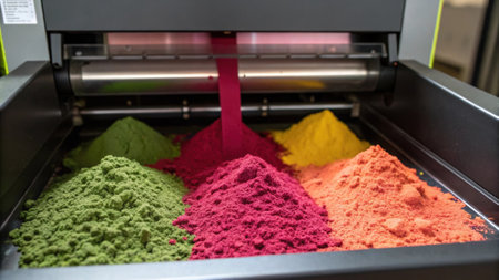 Food printing machine pouring pink powder on tray with colorful ingredientsの素材