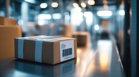 Cardboard box moving on conveyor belt in distribution warehouseの素材