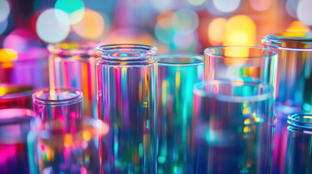 Laboratory glassware reflecting vibrant colors in innovative production processの素材