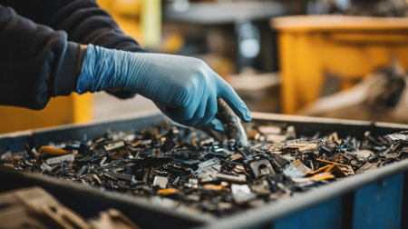 Recycling plant worker sorting electronic waste for innovative productionの素材