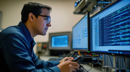 Software developer programming innovative technology on computer in modern officeの素材