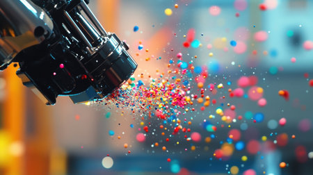 Innovative industrial 3d printer creating colorful plastic polymer granulesの素材