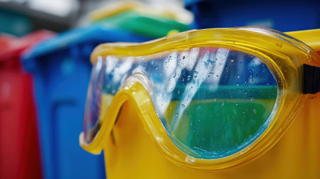 Yellow safety glasses resting on vibrant recycling bins promoting innovative productionの素材