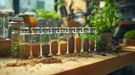 Innovative seed production preserving biodiversity in glass jars on wooden tableの素材