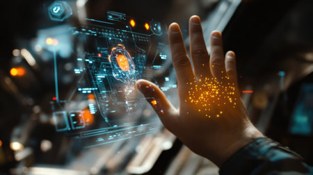 Engineer managing innovative production using futuristic transparent screen and virtual reality interfaceの素材