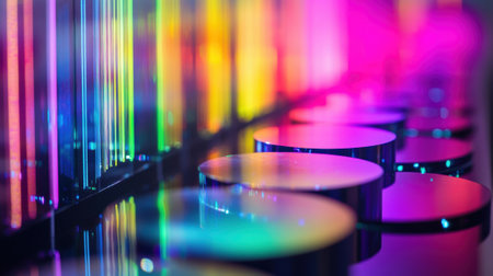 Innovative production line creating colorful round products with neon lightsの素材