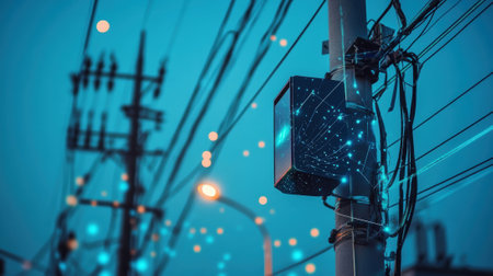 Smart city control box managing power grid at duskの素材