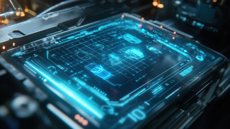 Futuristic production line monitoring system showing blueprint and data analysis on control panelの素材