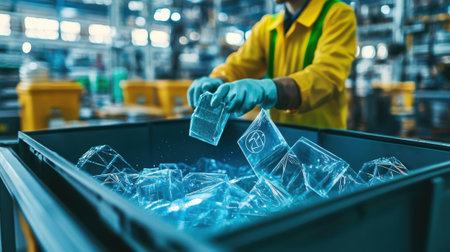Engineer putting plastic waste in container for recycling in a modern factoryの素材