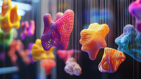 Innovative 3d printed objects hanging, showcasing modern production techniquesの素材