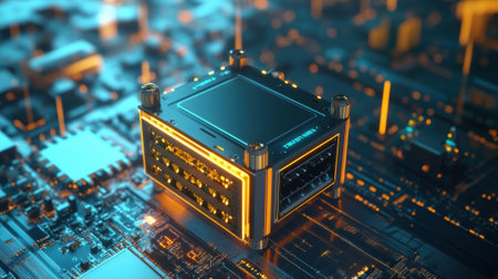 Innovative cpu processing unit resting on futuristic circuit boardの素材