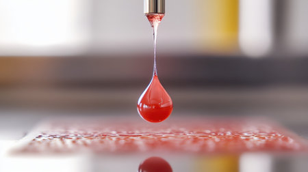 A closeup of a bioink droplet suspended just above a bioprinting platform capturing the moment before deposition. The surface tension of the droplet and the texture of the printinの素材
