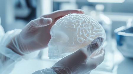 A closeup perspective of a technicians hands wearing sterile gloves carefully inspecting a freshly printed cranial implant examining its surface for imperfections and ensuring it meetの素材