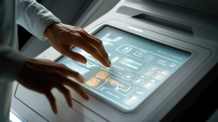 A closeup shot of a touchscreen control panel embedded in a laboratory workstation showcasing a grid of icons representing different analytical processes. The hands of a techniciaの素材
