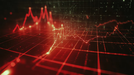 Innovative manufacturing, red stock market chart showing performance decline on a digital screenの素材