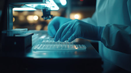 A scientists hands clad in light blue gloves carefully placing a microplate filled with samples under a bright wellplate reader emphasizing the technical precision involved in testinの素材