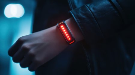 A medium closeup of a compact wearable sensor affixed to the wrist highlighting its minimalistic design. The device features LED indicators that pulse softly providing visual feedbacの素材