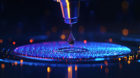 A closeup of a digital pipette with a drop of reagent poised at the tip capturing the moment before it is dispensed into a testing vial highlighting both the technology and the accuracの素材